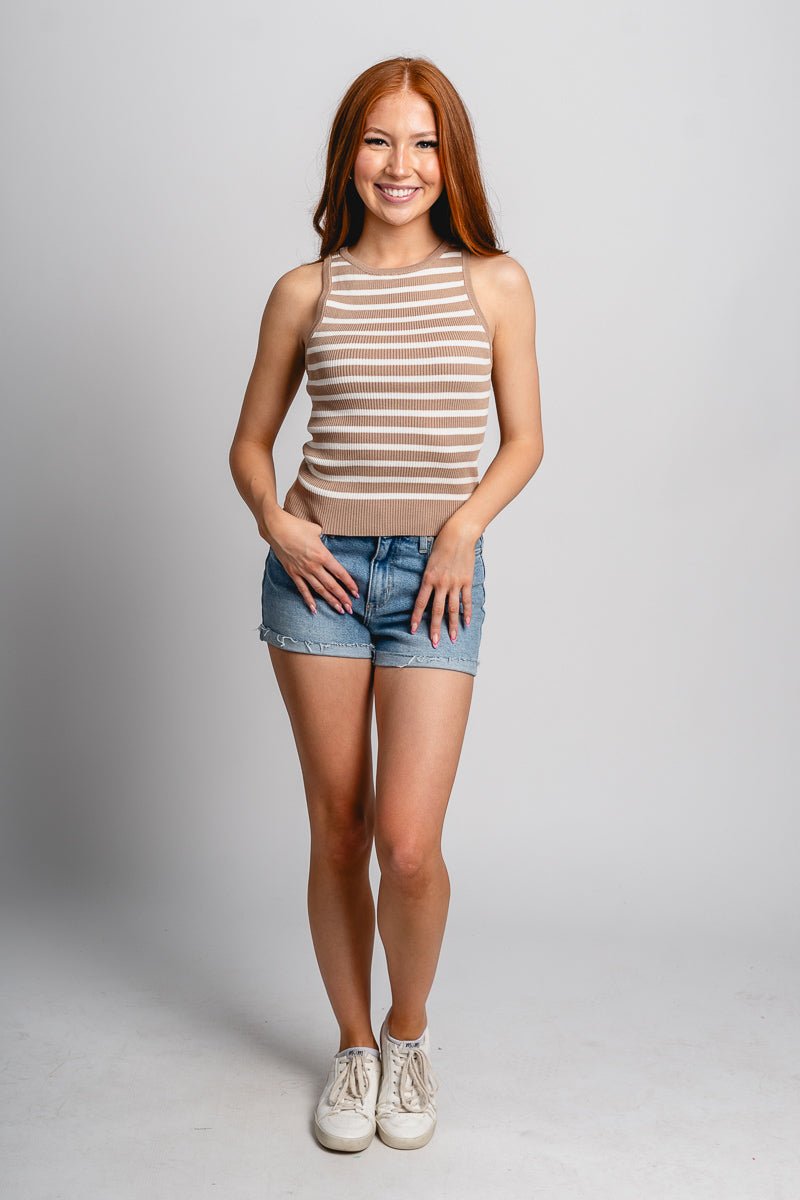 Striped knit tank top cream/taupe Stylish Tank Top - Womens Fashion Tank Tops at Lush Fashion Lounge Boutique in Oklahoma City