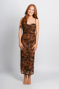 Velvet floral maxi dress brown - Trendy dress - Fashion Dresses at Lush Fashion Lounge Boutique in Oklahoma City