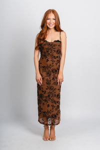 Velvet floral maxi dress brown - Affordable dress - Boutique Dresses at Lush Fashion Lounge Boutique in Oklahoma City