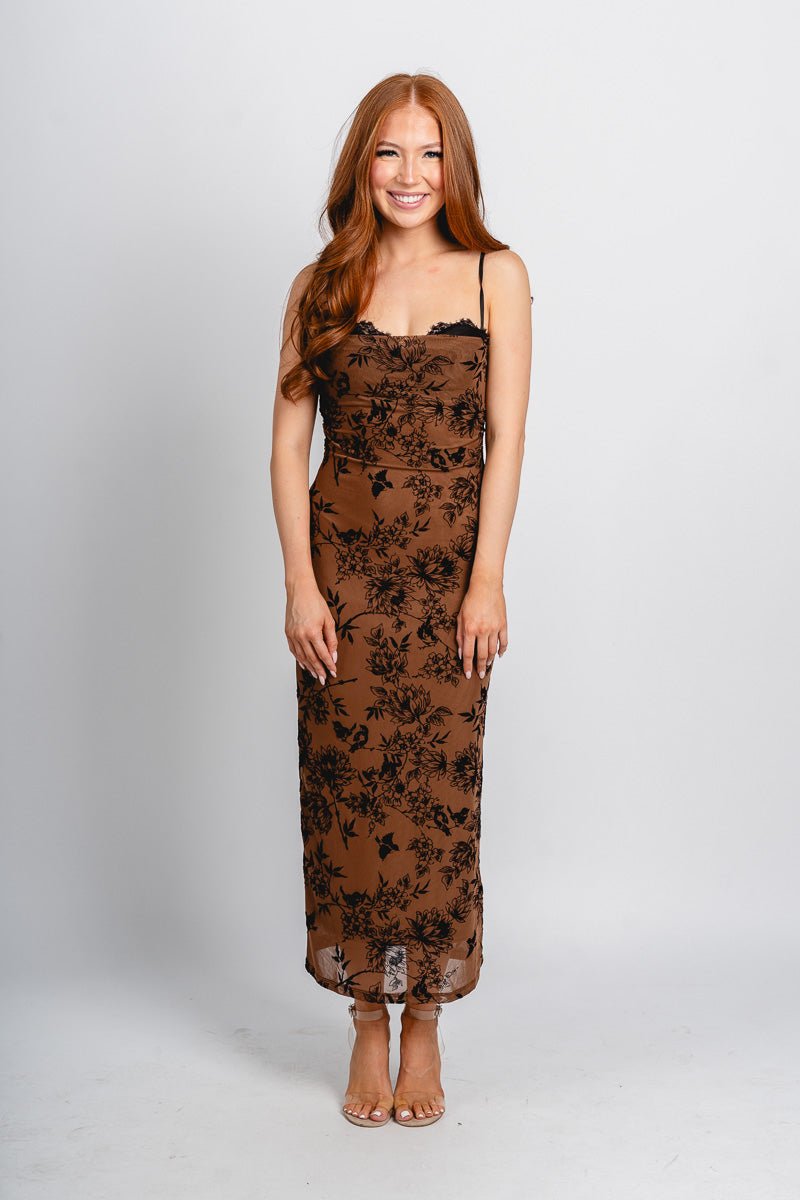 Velvet floral maxi dress brown - Affordable dress - Boutique Dresses at Lush Fashion Lounge Boutique in Oklahoma City