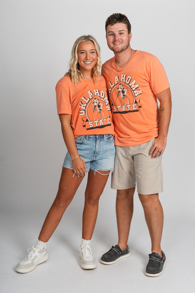 OSU OSU Cowboys Pete banner unisex v-neck t-shirt orange T-shirt | Lush Fashion Lounge Trendy Oklahoma State Cowboys Apparel & Cute Gameday T-Shirts
