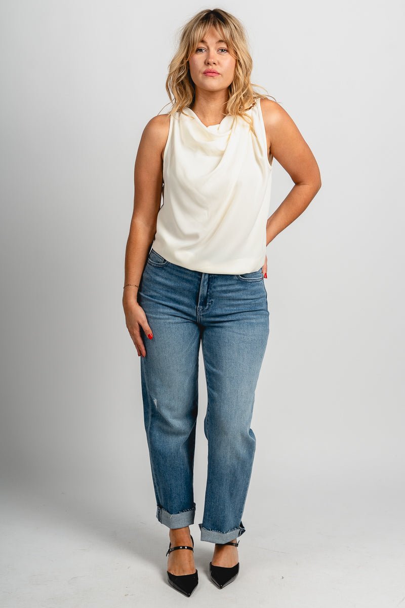 Cowl neck chiffon tank top ivory Stylish Tank Top - Womens Fashion Tank Tops at Lush Fashion Lounge Boutique in Oklahoma City