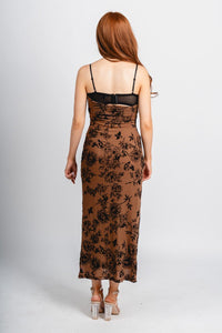 Velvet floral maxi dress brown Stylish dress - Womens Fashion Dresses at Lush Fashion Lounge Boutique in Oklahoma City