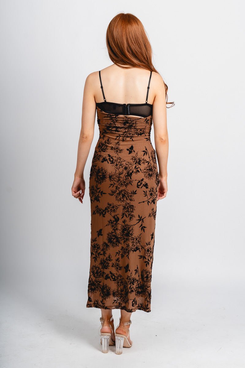 Velvet floral maxi dress brown Stylish dress - Womens Fashion Dresses at Lush Fashion Lounge Boutique in Oklahoma City