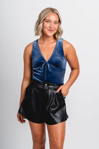 Velvet bodysuit navy - Cute Bodysuit - Trendy Bodysuits at Lush Fashion Lounge Boutique in Oklahoma City