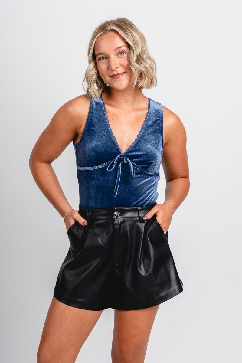 Velvet bodysuit navy - Affordable Bodysuit - Boutique Bodysuits at Lush Fashion Lounge Boutique in Oklahoma City