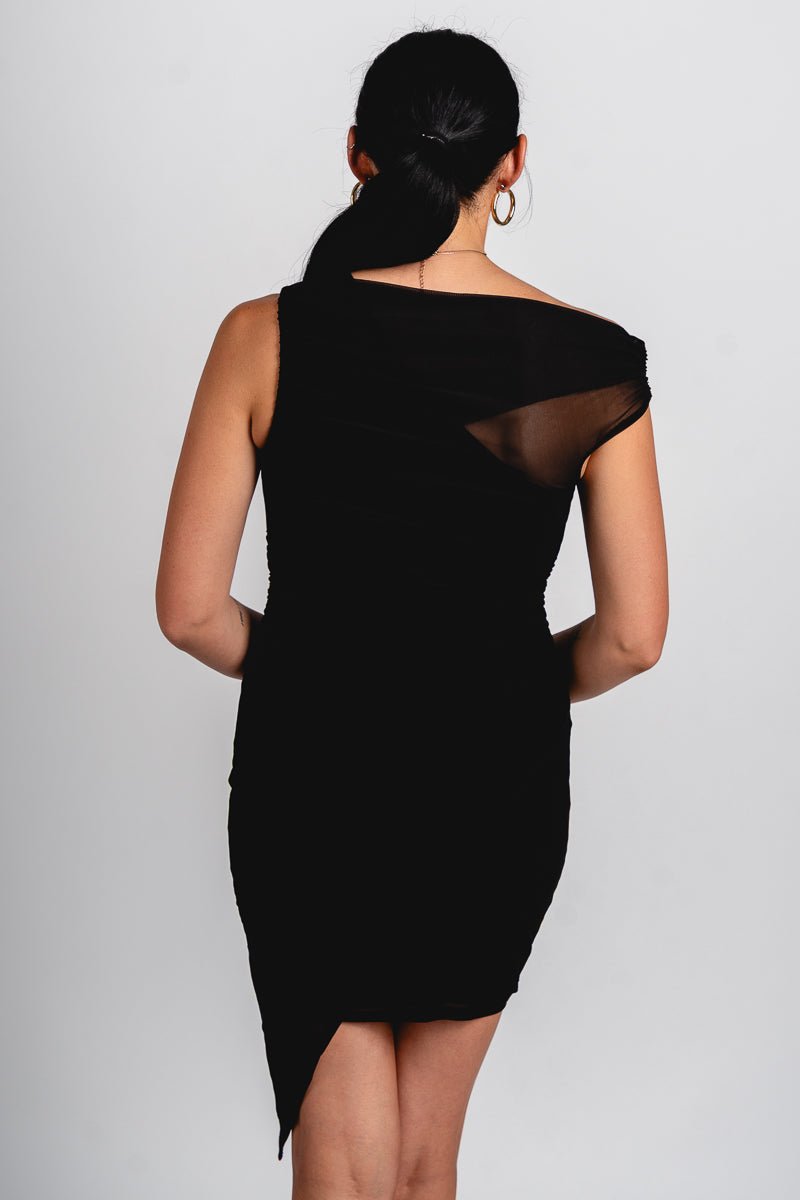 Ruched cowl neck asymmetrical dress black
