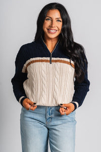 Cable knit zip pullover sweater navy/taupe – Boutique Sweaters | Fashionable Sweaters at Lush Fashion Lounge Boutique in Oklahoma City