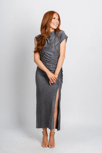 Shimmer ruched midi dress black/silver - Affordable dress - Boutique Dresses at Lush Fashion Lounge Boutique in Oklahoma City