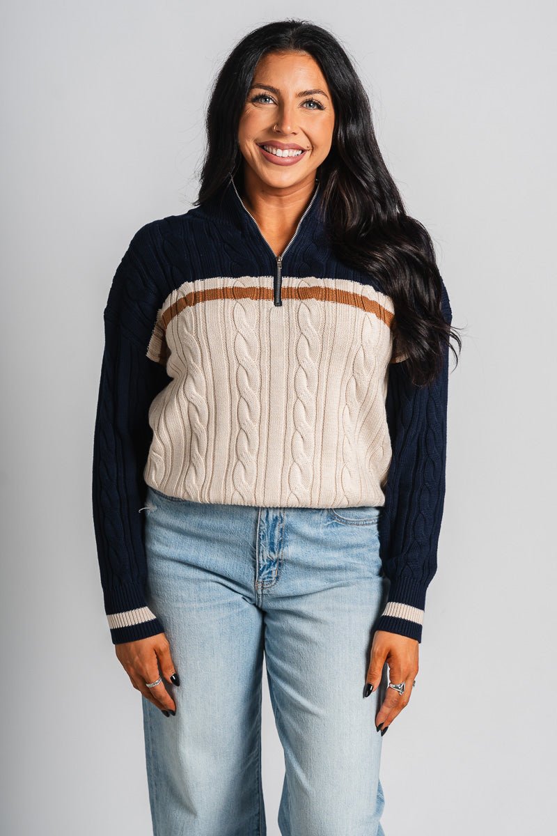 Cable knit zip pullover sweater navy/taupe – Stylish Sweaters | Boutique Sweaters at Lush Fashion Lounge Boutique in Oklahoma City