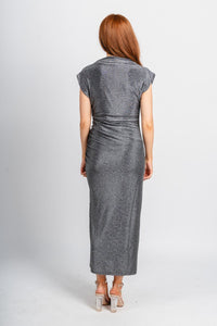 Shimmer ruched midi dress black/silver Stylish dress - Womens Fashion Dresses at Lush Fashion Lounge Boutique in Oklahoma City