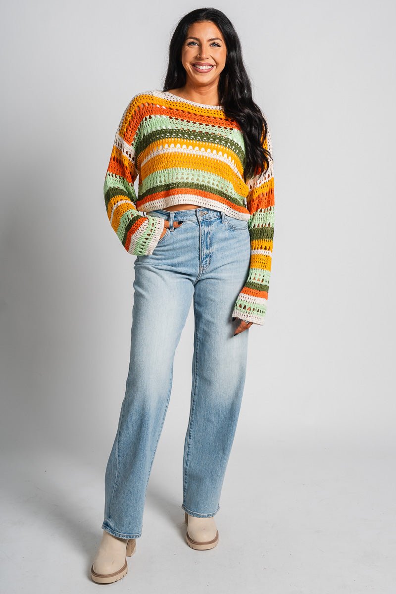 Stripe cropped sweater orange multi - Trendy Sweaters | Cute Pullover Sweaters at Lush Fashion Lounge Boutique in Oklahoma City