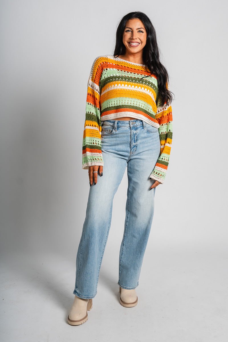 Stripe cropped sweater orange multi – Unique Sweaters | Lounging Sweaters and Womens Fashion Sweaters at Lush Fashion Lounge Boutique in Oklahoma City