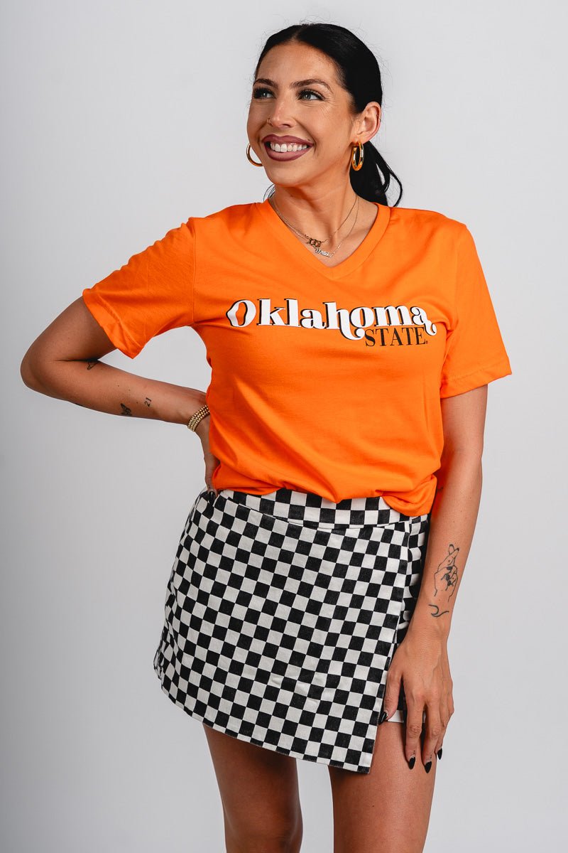 OSU OSU Cowboys first down v-neck short sleeve t-shirt orange T-shirt | Lush Fashion Lounge Trendy Oklahoma State Cowboys Apparel & Cute Gameday T-Shirts