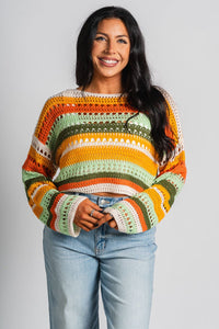 Stripe cropped sweater orange multi – Boutique Sweaters | Fashionable Sweaters at Lush Fashion Lounge Boutique in Oklahoma City