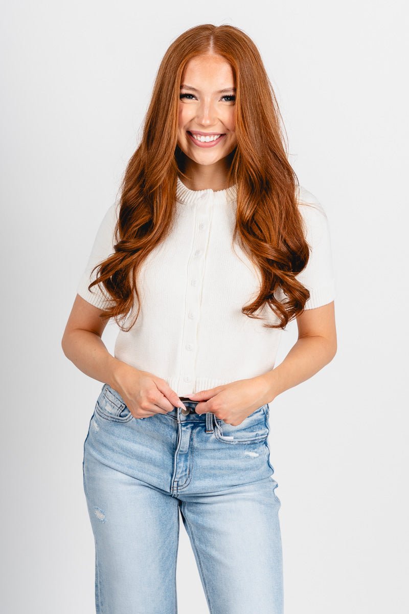 Short sleeve sweater cardigan ivory - Cute Sweater - Trendy Cardigans & Stylish Kimonos at Lush Fashion Lounge Boutique in Oklahoma City