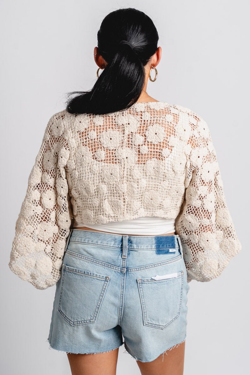 Crochet tie top natural - Adorable top - Stylish Vacation T-Shirts at Lush Fashion Lounge Boutique in Oklahoma City