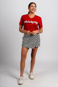 OU OU Sooners first down v-neck short sleeve t-shirt cimson T-shirt | Lush Fashion Lounge Trendy Oklahoma University Sooners Apparel & Cute Gameday T-Shirts