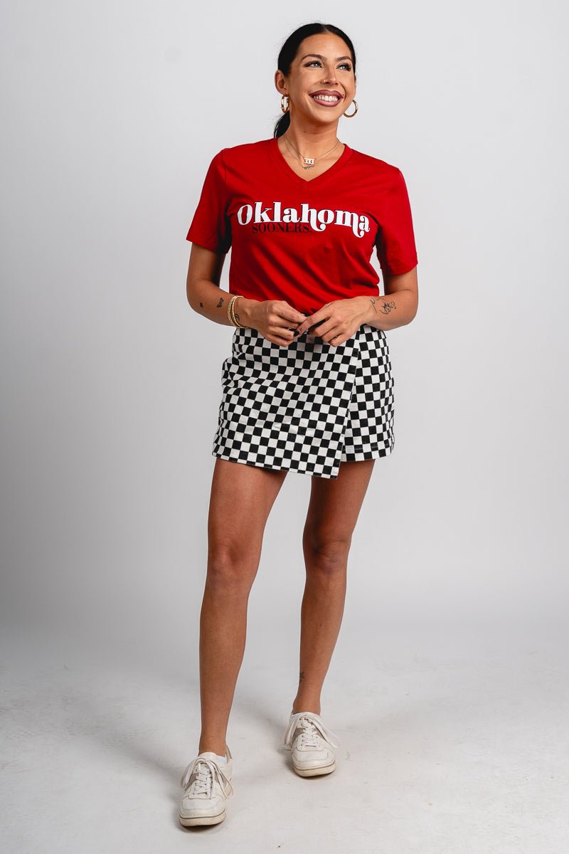 OU OU Sooners first down v-neck short sleeve t-shirt cimson T-shirt | Lush Fashion Lounge Trendy Oklahoma University Sooners Apparel & Cute Gameday T-Shirts
