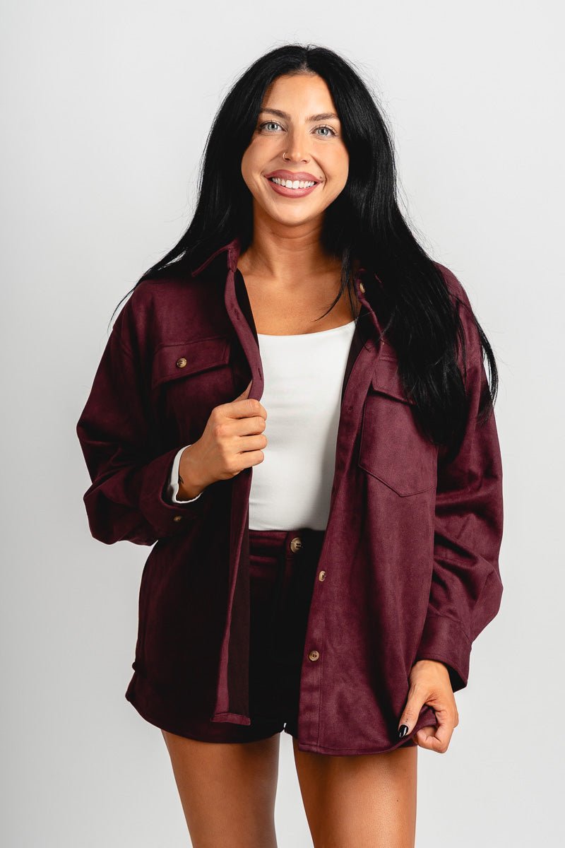 Suede collared button up top burgundy