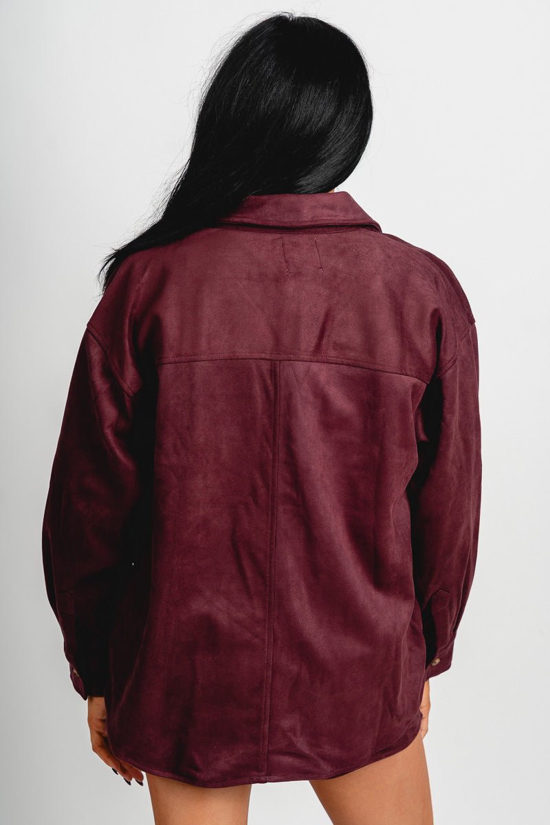 Suede collared button up top burgundy