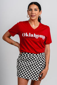 OU OU Sooners first down v-neck short sleeve t-shirt cimson T-shirt | Lush Fashion Lounge Trendy Oklahoma University Sooners Apparel & Cute Gameday T-Shirts
