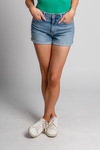 Just USA high rise cuff shorts light blue - Stylish Shorts - Trendy Staycation Outfits at Lush Fashion Lounge Boutique in Oklahoma City
