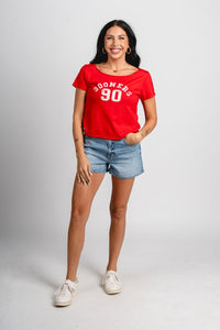 OU OU Sooners college arch off shoulder tee red T-shirt | Lush Fashion Lounge Trendy Oklahoma University Sooners Apparel & Cute Gameday T-Shirts