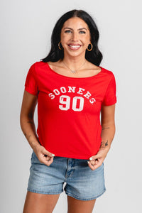 OU OU Sooners college arch off shoulder tee red T-shirt | Lush Fashion Lounge Trendy Oklahoma University Sooners Apparel & Cute Gameday T-Shirts