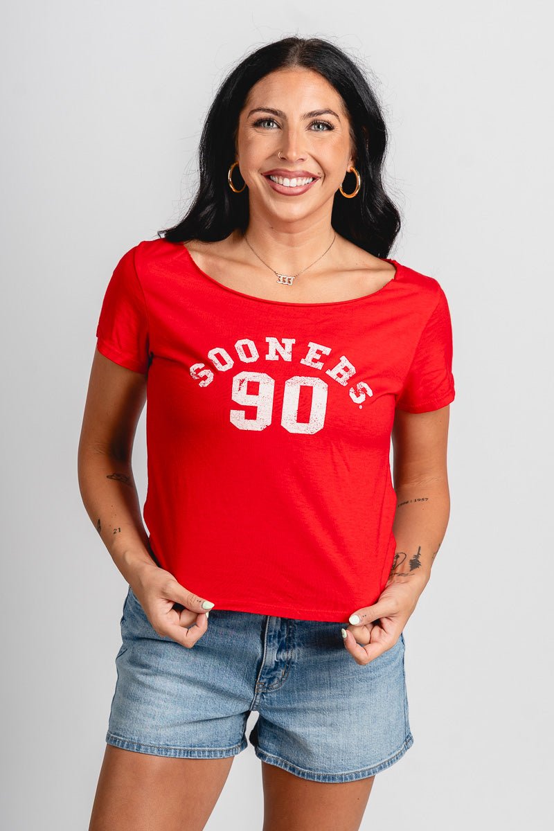 OU OU Sooners college arch off shoulder tee red T-shirt | Lush Fashion Lounge Trendy Oklahoma University Sooners Apparel & Cute Gameday T-Shirts