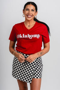 OU OU Sooners first down v-neck short sleeve t-shirt cimson T-shirt | Lush Fashion Lounge Trendy Oklahoma University Sooners Apparel & Cute Gameday T-Shirts