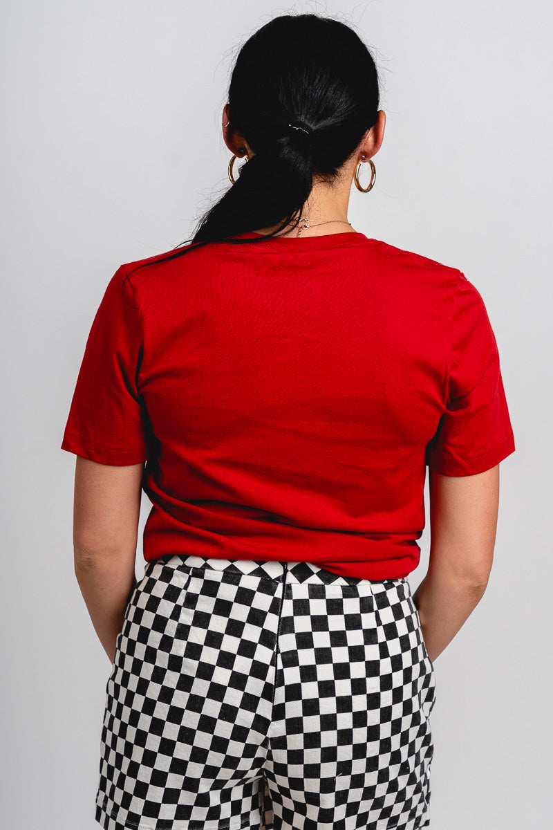 OU OU Sooners first down v-neck short sleeve t-shirt cimson T-shirt | Lush Fashion Lounge Trendy Oklahoma University Sooners Apparel & Cute Gameday T-Shirts