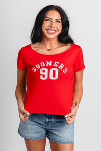 OU OU Sooners college arch off shoulder tee red T-shirt | Lush Fashion Lounge Trendy Oklahoma University Sooners Apparel & Cute Gameday T-Shirts