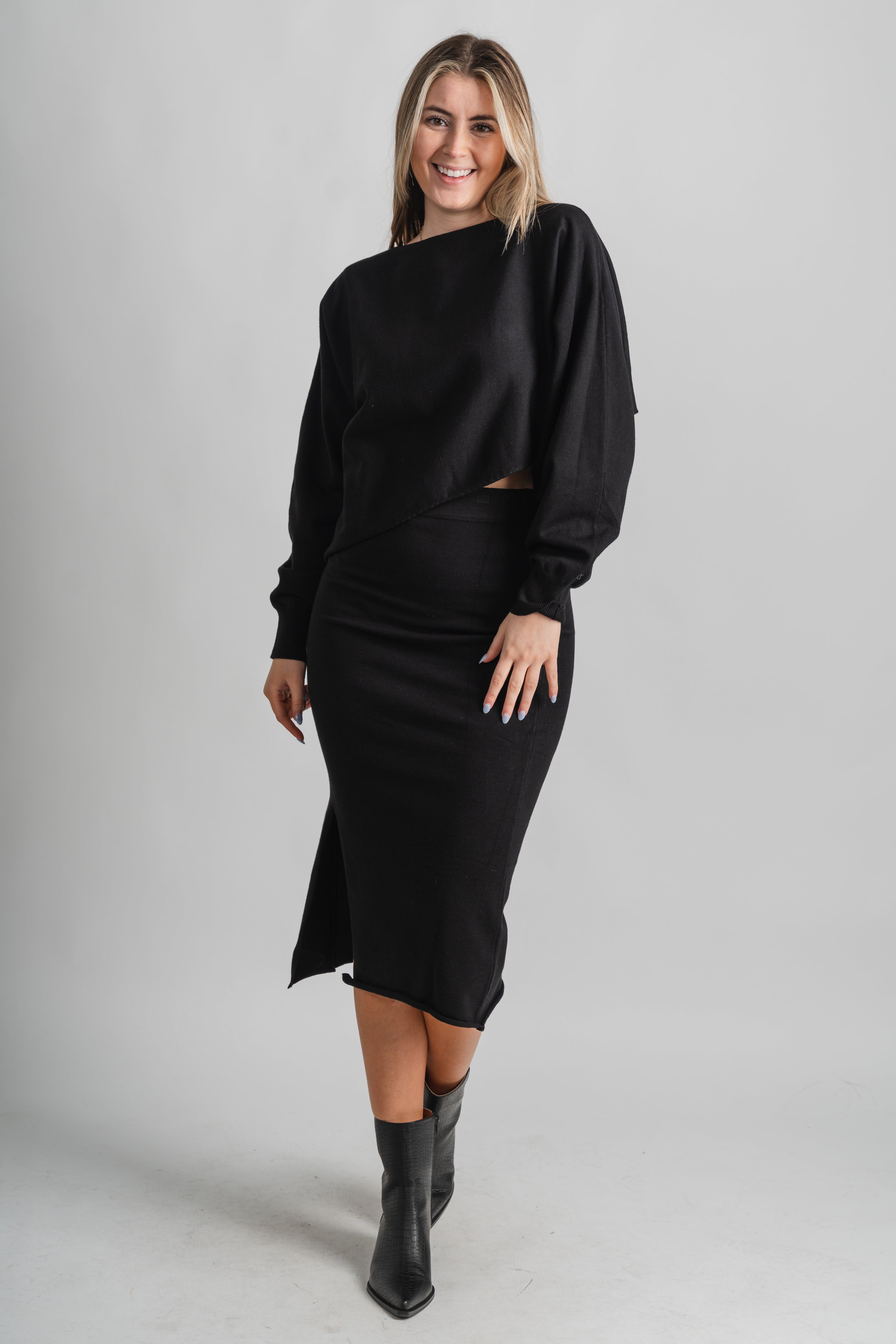 Sweater midi skirt black | Lush Fashion Lounge: boutique fashion skirts, affordable boutique skirts, cute affordable skirts