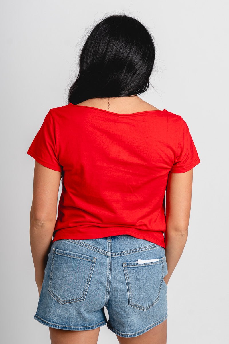 OU OU Sooners college arch off shoulder tee red T-shirt | Lush Fashion Lounge Trendy Oklahoma University Sooners Apparel & Cute Gameday T-Shirts