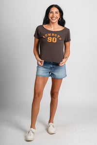 OSU OSU Cowboys college arch off shoulder tee charcoal T-shirt | Lush Fashion Lounge Trendy Oklahoma State Cowboys Apparel & Cute Gameday T-Shirts