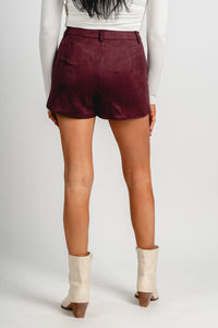 Suede high waisted shorts burgundy Stylish Shorts - Womens Fashion Shorts at Lush Fashion Lounge Boutique in Oklahoma City