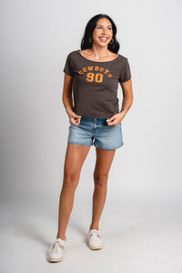 OSU OSU Cowboys college arch off shoulder tee charcoal T-shirt | Lush Fashion Lounge Trendy Oklahoma State Cowboys Apparel & Cute Gameday T-Shirts