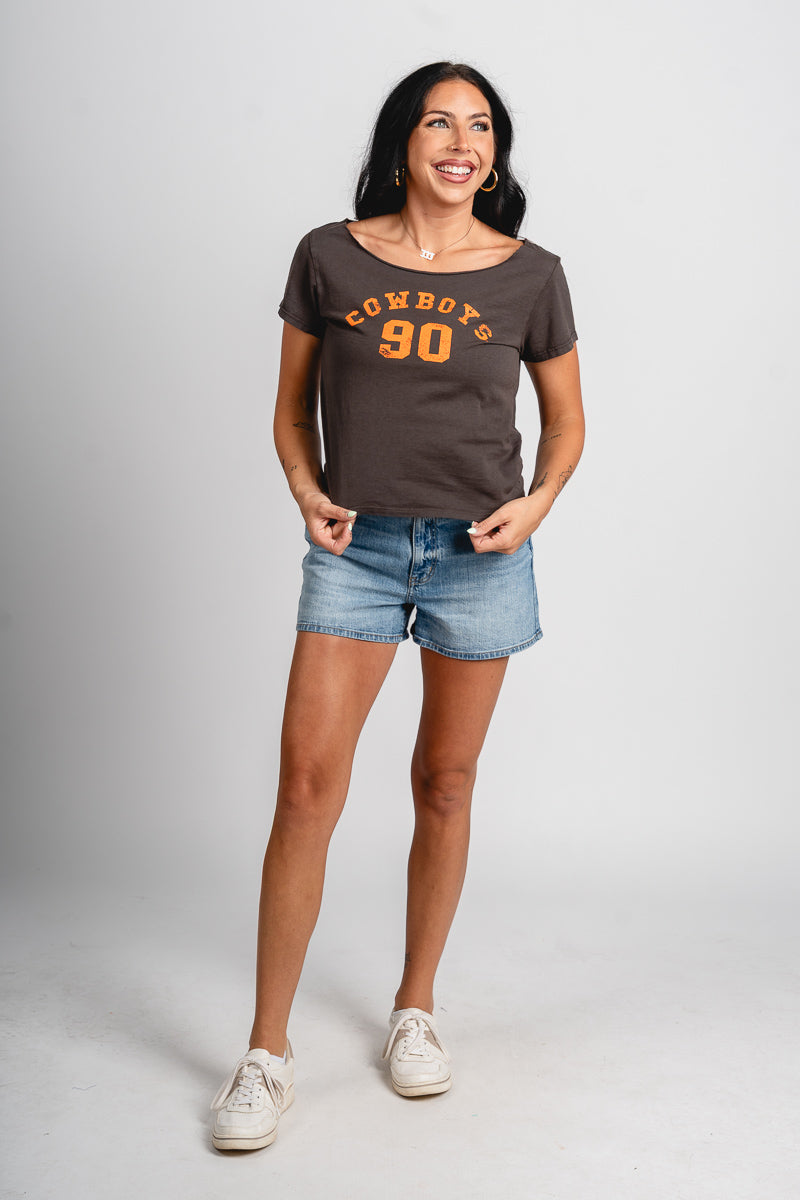 OSU OSU Cowboys college arch off shoulder tee charcoal T-shirt | Lush Fashion Lounge Trendy Oklahoma State Cowboys Apparel & Cute Gameday T-Shirts