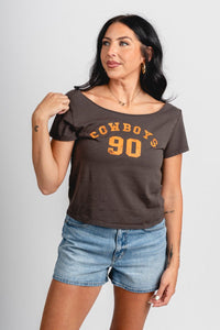 OSU OSU Cowboys college arch off shoulder tee charcoal T-shirt | Lush Fashion Lounge Trendy Oklahoma State Cowboys Apparel & Cute Gameday T-Shirts