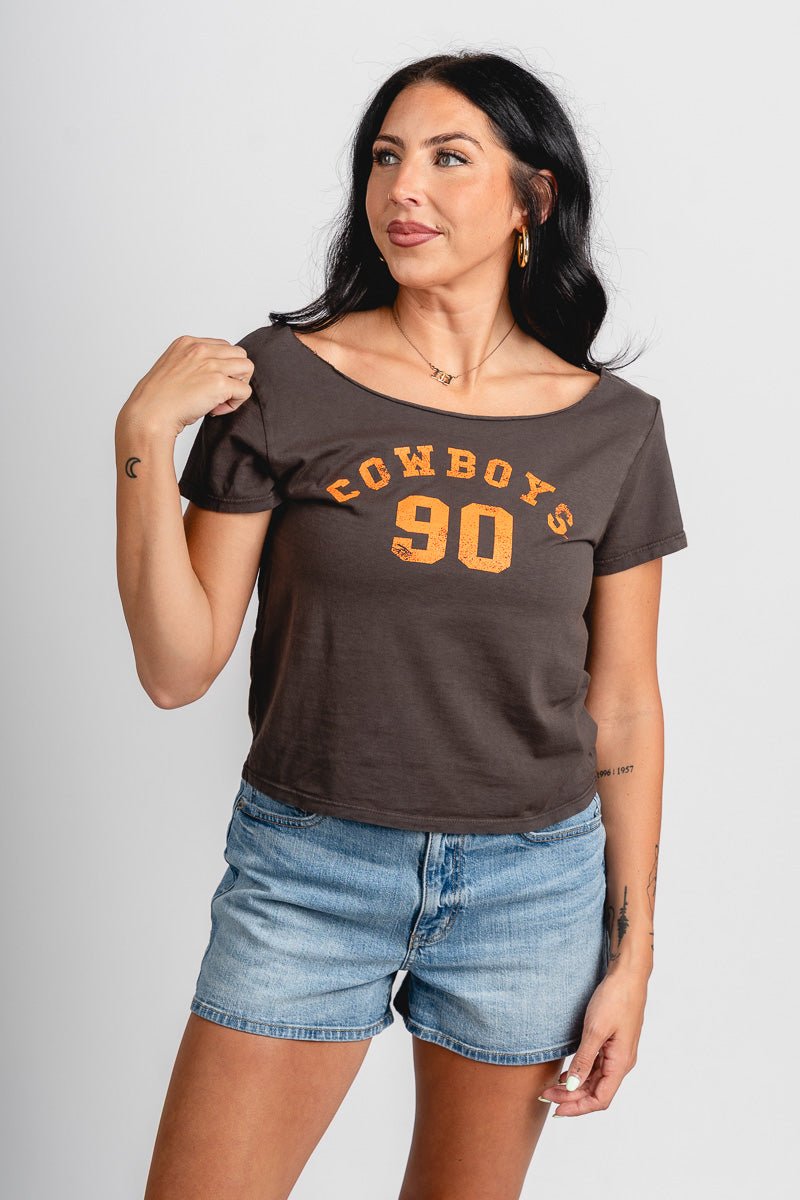 OSU OSU Cowboys college arch off shoulder tee charcoal T-shirt | Lush Fashion Lounge Trendy Oklahoma State Cowboys Apparel & Cute Gameday T-Shirts