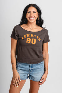 OSU OSU Cowboys college arch off shoulder tee charcoal T-shirt | Lush Fashion Lounge Trendy Oklahoma State Cowboys Apparel & Cute Gameday T-Shirts