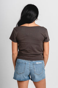 OSU OSU Cowboys college arch off shoulder tee charcoal T-shirt | Lush Fashion Lounge Trendy Oklahoma State Cowboys Apparel & Cute Gameday T-Shirts