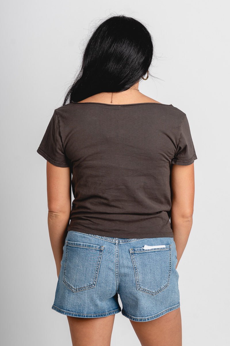 OSU OSU Cowboys college arch off shoulder tee charcoal T-shirt | Lush Fashion Lounge Trendy Oklahoma State Cowboys Apparel & Cute Gameday T-Shirts