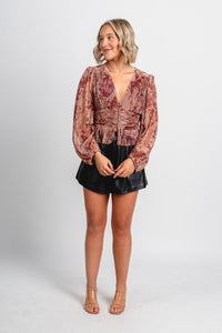 Shimmer peplum top burgundy/taupe - Affordable New Year's Eve Party Outfits at Lush Fashion Lounge Boutique in Oklahoma City