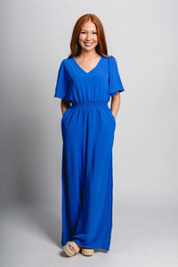 Smocked jumpsuit cobalt blue - Trendy Jumpsuit - Fashion Rompers & Pantsuits at Lush Fashion Lounge Boutique in Oklahoma City