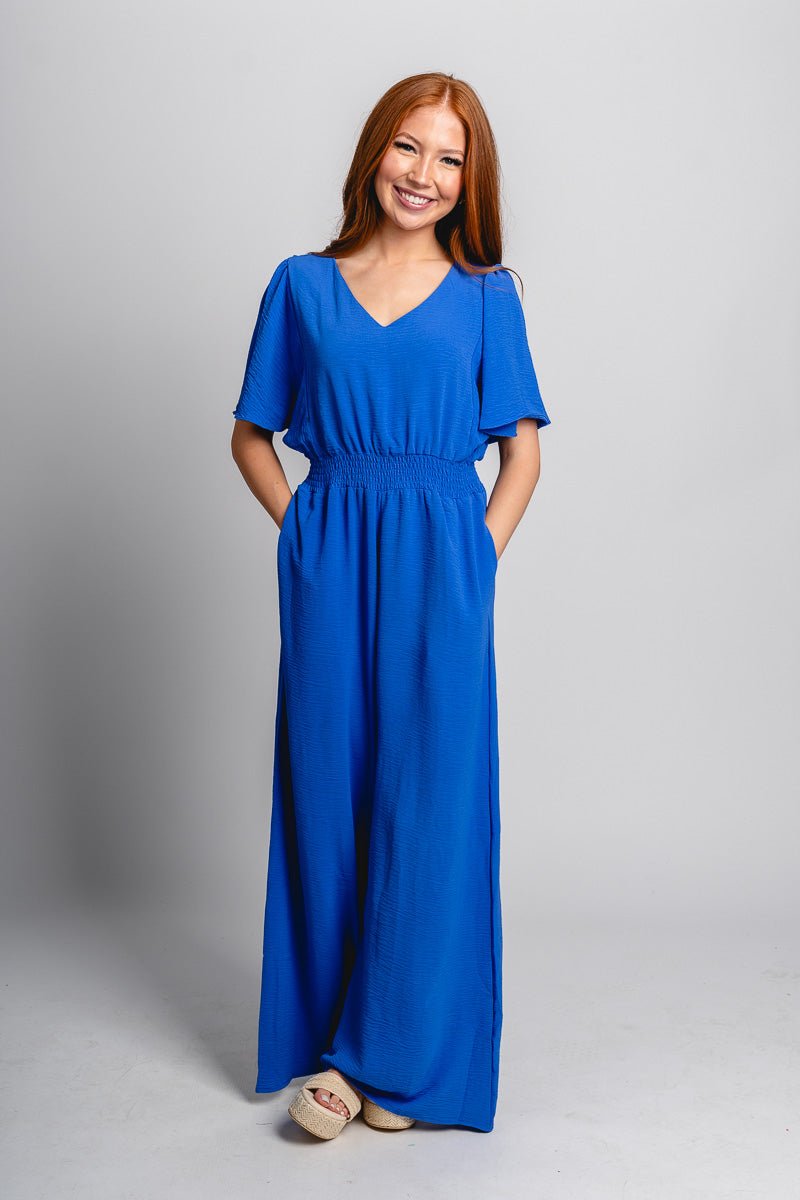 Smocked jumpsuit cobalt blue - Affordable Jumpsuit - Boutique Rompers & Pantsuits at Lush Fashion Lounge Boutique in Oklahoma City