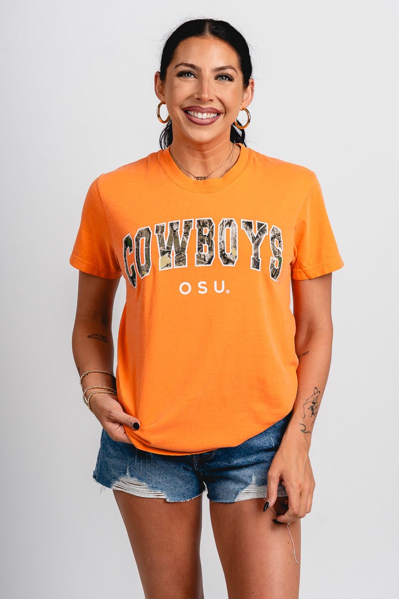 OSU OSU Cowboys camo gault comfort colors t-shirt orange T-shirt | Lush Fashion Lounge Trendy Oklahoma State Cowboys Apparel & Cute Gameday T-Shirts