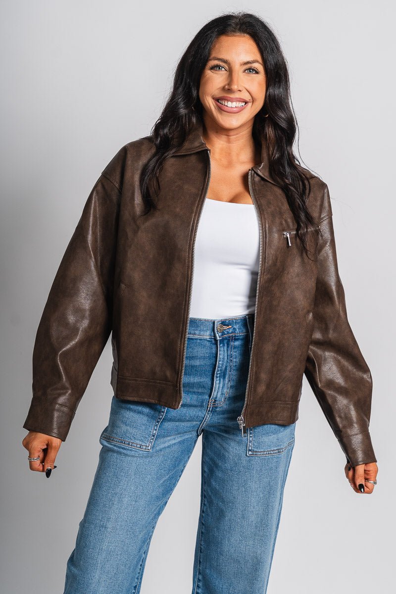 Faux leather jacket dark brown – Trendy Jackets | Cute Fashion Blazers at Lush Fashion Lounge Boutique in Oklahoma City