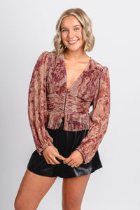 Shimmer peplum top burgundy/taupe - Trendy New Year's Eve Outfits at Lush Fashion Lounge Boutique in Oklahoma City